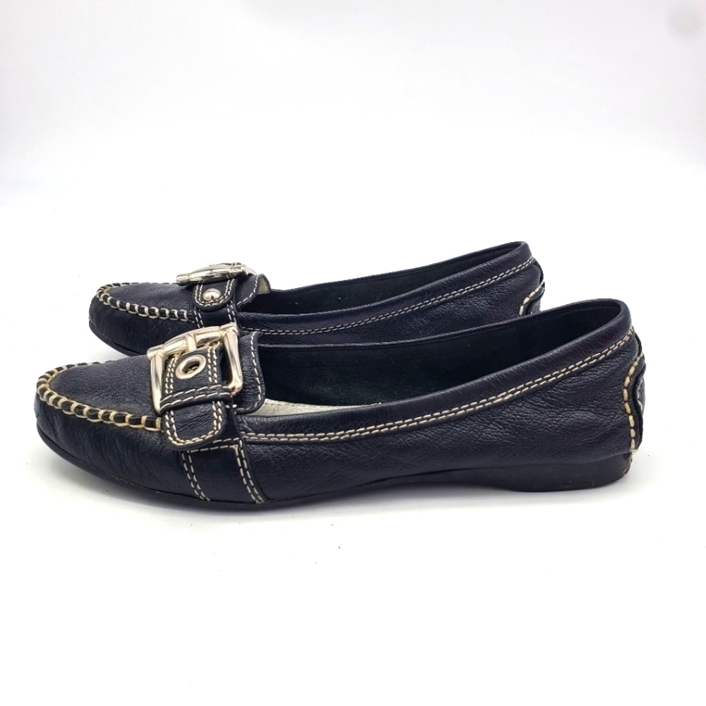 Franco Sarto Shoes Womens 7.5M Kody Loafers Black Leather Chrome Buckle